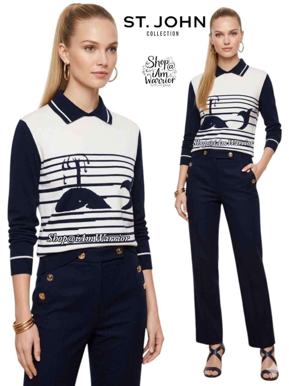 St. John Collection santana knit whale motif collared sweater *shop@iamw…